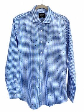 Nordstrom Men’s Blue White Check Shirt Embroidered Chili Peppers Preppy 16 34-35
